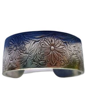 Vintage Style Floral Embossed Wide Cuff Bracelet Boho Statement Jewelry  Pewter